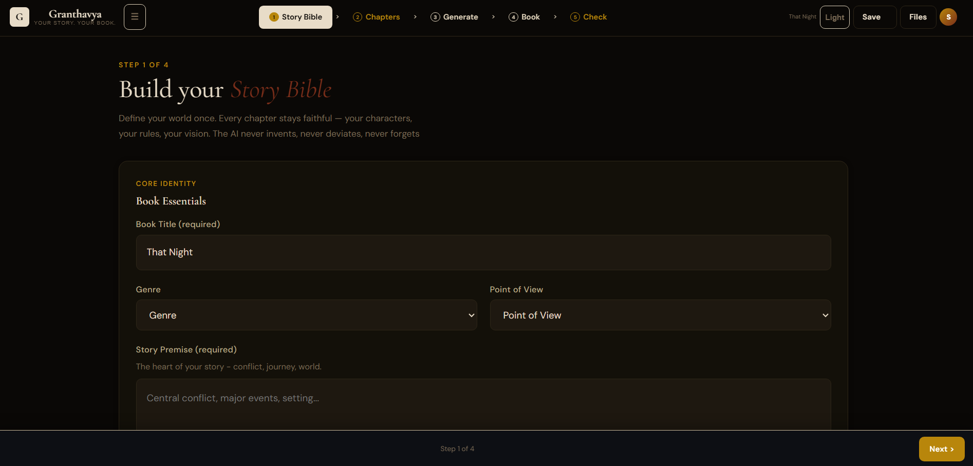 Granthavya Story Bible — define characters, rules and world